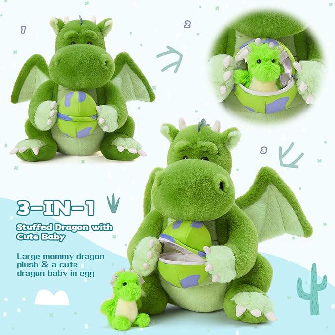 Tezituor 3-in-1 Large Dragon Stuffed Animal, 20 Inch Big Stuffed Dragon Plush with Baby and Egg Toy for Girls Boys, Cuddle Hugging Dino Plush Gift for Birthday Christmas