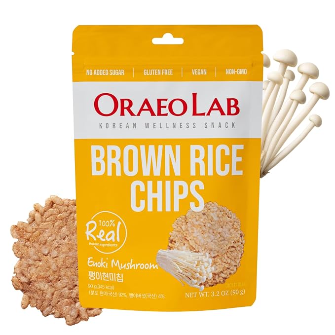 Korean Food Brown Rice Chips with Enoki Mushroom, Vegan, 3.17 oz (90g) | Pressed brown rice chips with enoki mushroom, made without frying and suitable for vegan diets