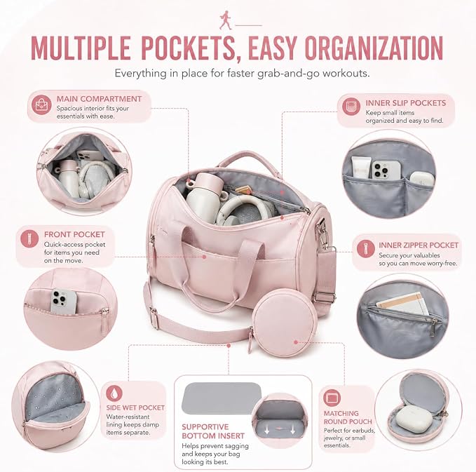 BTOOP Mini Gym Bag for Women, 12-Inch Small Duffle Bag with Wet Pocket and Coin Purse, Lightweight Water-Resistant Workout Bag for Yoga, Pilates, Dance and Travel (Pink)