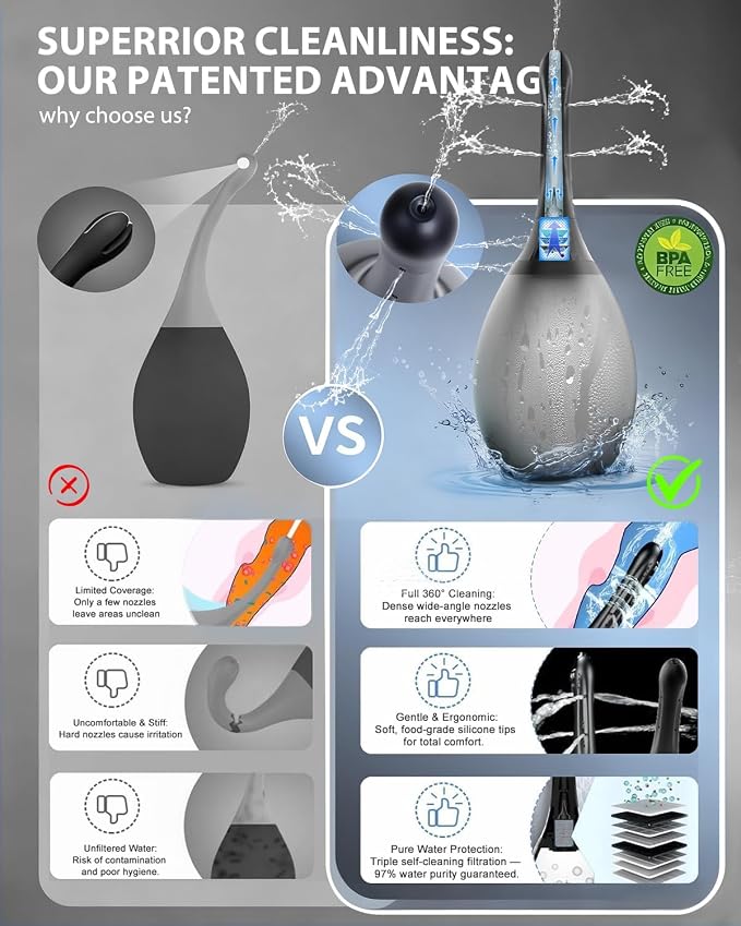 Enemas Anal Douches for Men Women - Enema Bulb with Soft Silicone Nozzles,Anti Backflow Shower Douche Enema Kit,Feminine Care Shower Enema Douche Kit Cleaner Flusher,Shower Tube Connectable,Black