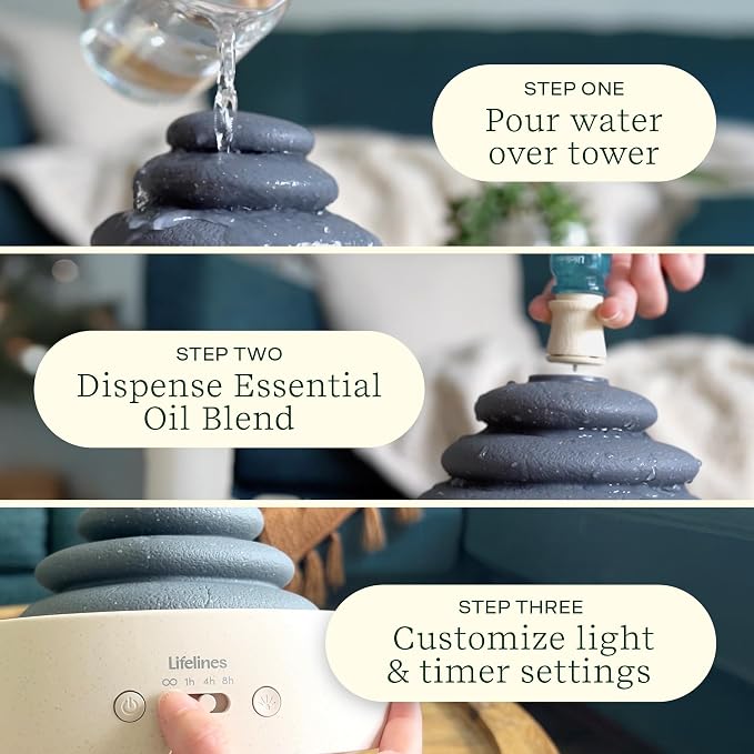 Lifelines Stacking Stones Aromatherapy Diffuser - Calming Sensory Oasis with Mesmerizing Aromatic Mist & Auto-Shut Off Features - Includes Essential Oil Blend with Mess-Free Precision Pump
