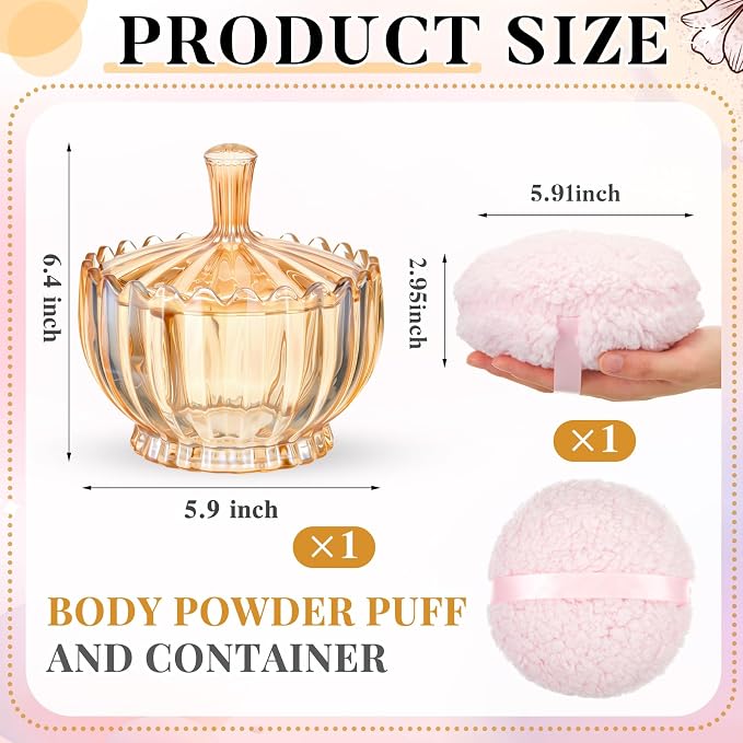 Tioncy 2 Pcs Extra Large Dusting Powder Puff and Container for Women-6'' Glass Crystal Dusting Powder Container with Body Soft Washable Reusable Velour Face(Amber,Scalloped)