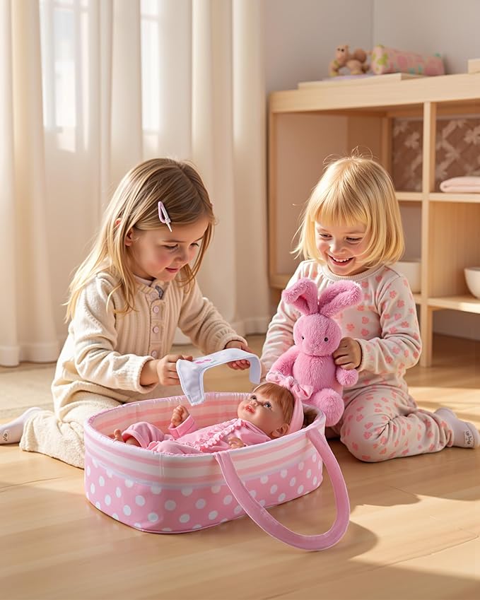 JIZHI 8 Pcs Reborn Baby Doll Clothes Set with Bassinet for 17-22 Inch Dolls, Baby Dolls Clothes and Doll Accessories Set fit Newborn Baby Doll Girl, Pink