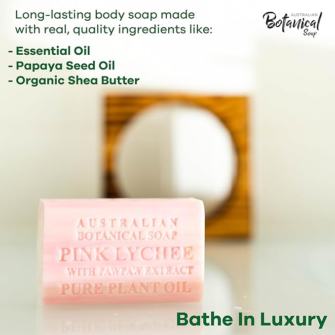 Australian Botanical Soap Pink Lychee with Pawpaw Extract – Triple Milled 6.6 oz Bar Soap with Shea Butter, Face Hand & Body Soap Bars, Pack of 4