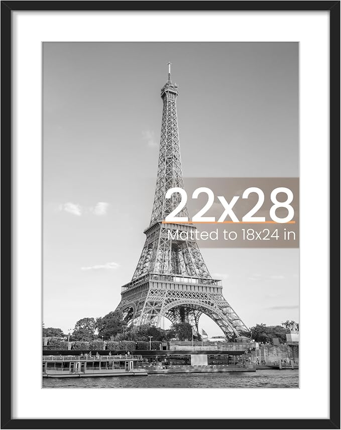 upsimples 22x28 Poster Frame, Display Pictures 18x24 with Mat or 22 x 28 Without, Wall Hanging Picture Frames, Black, 1 Pack