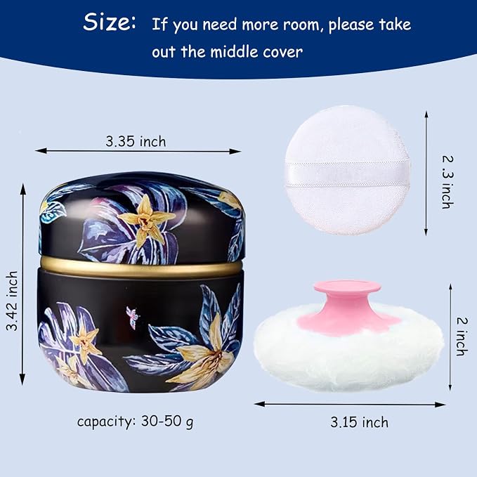 Body Powder Puff and Container for Dusting Powder, Women Powder Puff and Powder Case for Bath and Travel (Procumbens Flowers)