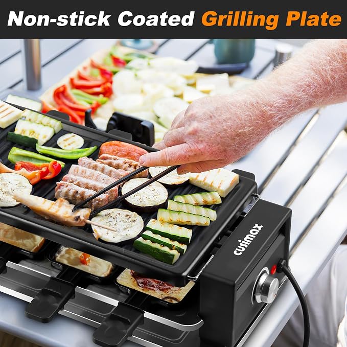 CUSIMAX Raclette Grill Korean BBQ Grill, Portable Raclette Table Grill Electric Grill with Non-stick Plate, Adjustable Temperature Control, Indoor Grill with Cool Touch Handles, 8 Cheese Trays for Fun