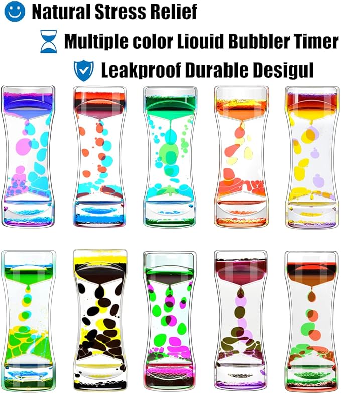 Liquid Motion Bubbler Timer Pack of 10 Great Desktop Colorful Hourglass Liquid Bubbler Small Calming Relaxing Toys Sensory Anxiety Autism ADHD Fidget Toys (10 Pack, Rainbow)