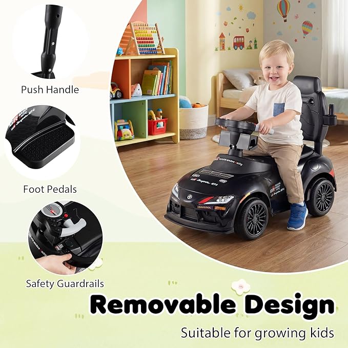 Costzon Push Car for Toddlers, 3 in 1 Toyota Licensed Stroller Sliding Walking Car w/Handle, Music, Safety Guardrail, Under-Seat Storage, Foot-to-Floor Kids Ride On Toys for Boys Girls (Black)