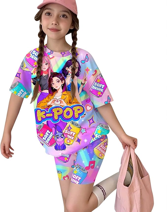 K-POP DEM0N Hunters Outfits for Girls, 2 Piece T-Shirts and Apparel Sets Birthday Gift