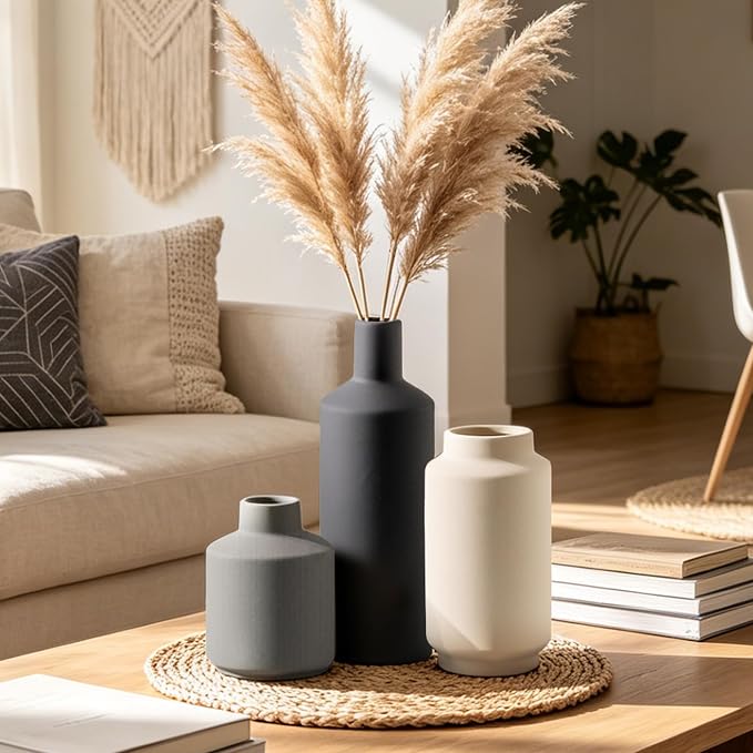 Ceramic Vase Set of 3, Modern Decorative Vases for Home Decor, Small Flower Pottery Vase Sets, Boho Farmhouse Rustic Vases for Living Room, Kitchen, Bedroom, Bathroom, Shelf, Table