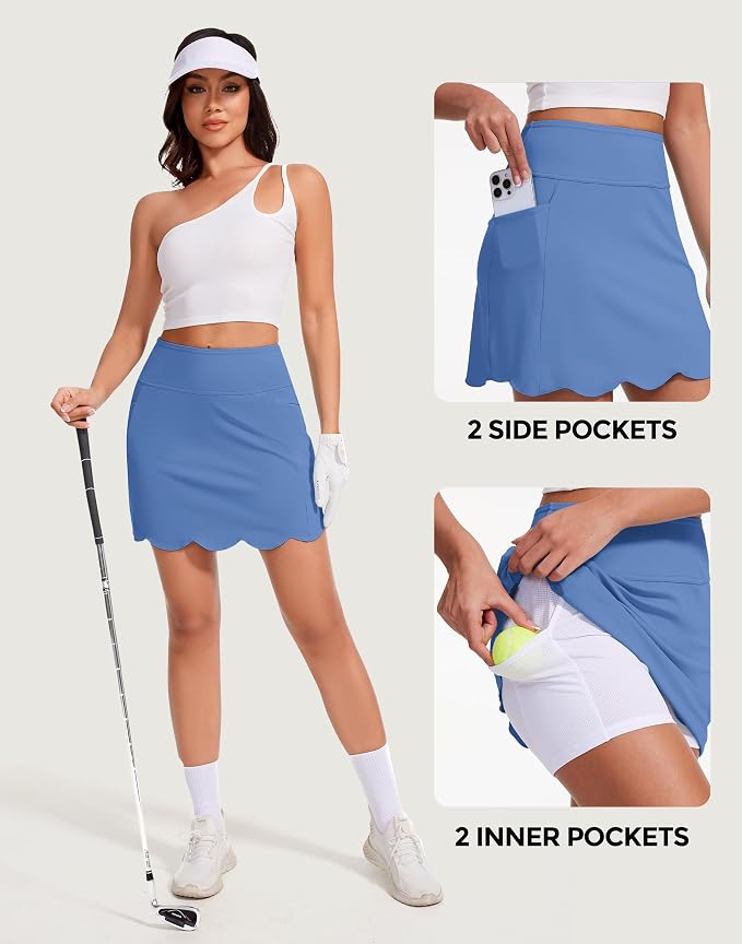 Skorts for Woman with Pockets 16" Golf Athletic Skirts Scalloped Hem Tennis Skirt Dressy Casual