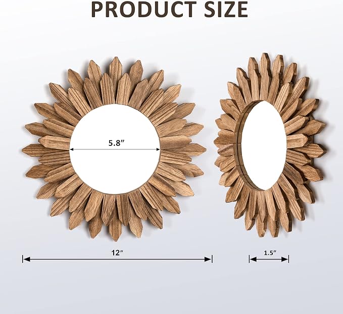 Wall Mirror Decorative 12 inch Rustic Wood Mirror Sunburst Boho Mirror for Entryway Bedroom Living Room Bathroom House Warming Gifts New Home Essential Carbonized Black