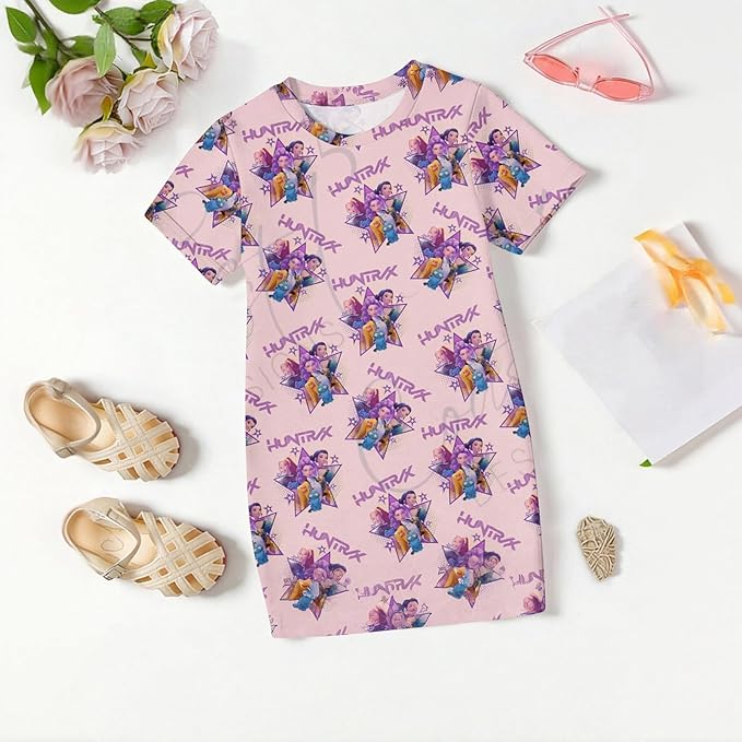 Girl's Anime K-POP Graphic Long Dress T-Shirt - Casual Loose Fit Short Sleeve Top