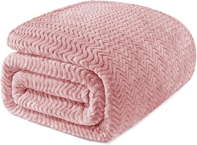 Exclusivo Mezcla Soft Fleece Blanket King Size for Bed, Sofa, Pink | 90"x104" Breathable Lightweight Flannel Blanket for Summer, Plush Cozy Jacquard Wave for Home Decor