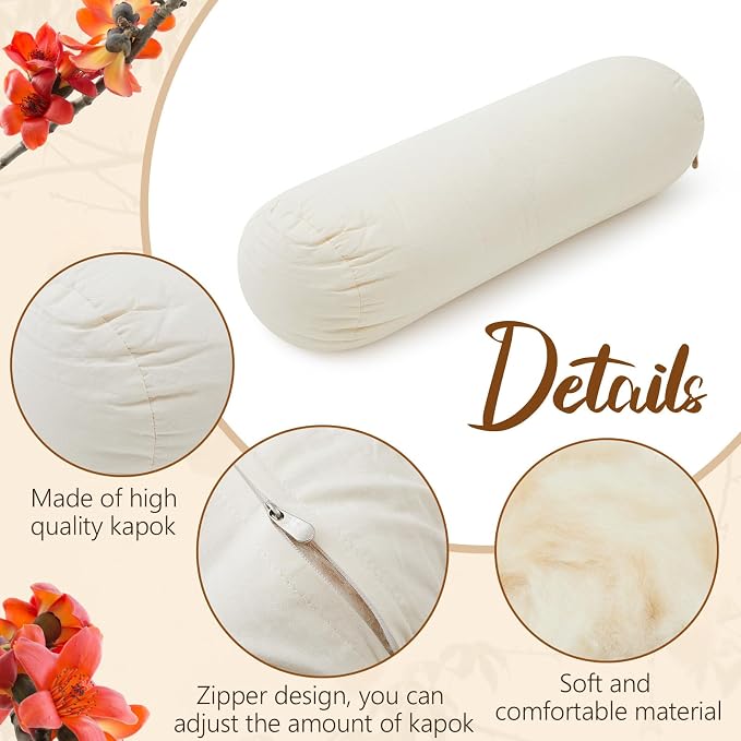 Leinuosen Organic Kapok Orthopedic Roll Pillow 12"x4" – Neck, Back, Knee & Leg Support Bolster – Cervical & Lumbar Roll for Pain Relief, Spinal Alignment – Natural Filling, Adjustable for Bed & Travel