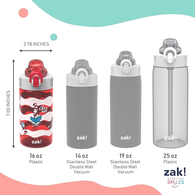 Zak Designs Dr. Seuss Sage Kids Water Bottle For School or Travel, 16oz Durable Plastic Water Bottle With Straw, Handle, and Leak-Proof, Pop-Up Spout Cover (The Cat in the Hat)