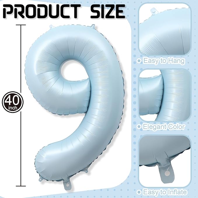 Big Number 9 Balloons, Light Sky Blue Foil 9 Balloon Numbers 40 Inch, Giant 9th Birthday Party Decor, Pastel Baby Matte Blue Mylar Helium Self Inflating Balloon for Boy Birthday Anniversary Decoration