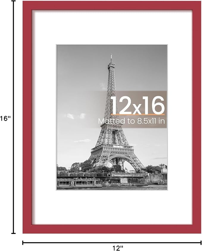 upsimples 12x16 Picture Frame, Display Pictures 8.5x11 with Mat or 12 x 16 Without, Wall Hanging Poster Frames, Red, 1 Pack
