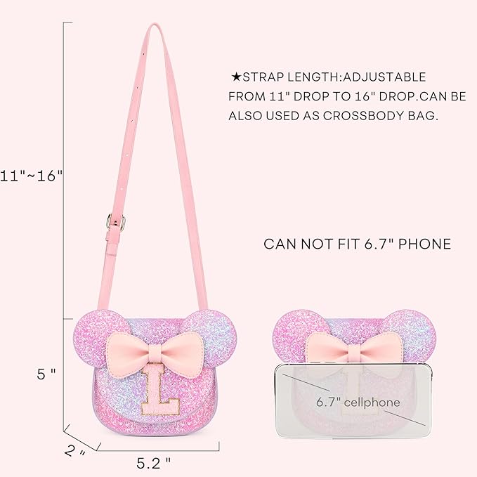 mibasies Toddler Purse Girl Gifts: Girls Birthday Gifts for 3-8 - Toys for Ages 2-4 Girls Mouse Ears Purse, Purple Rainbow, Letter L