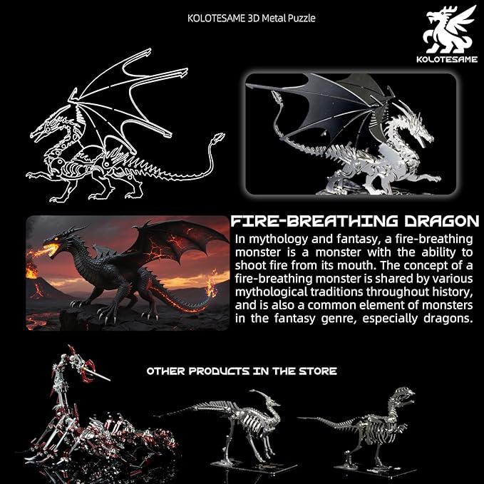 Mythical Fire Dragon 3D Metal Puzzle Model for Adults, Dragon DIY Building Model Kit, Fantasy Wyvern Creature Figurine for Gamers or Desk Metal Decor