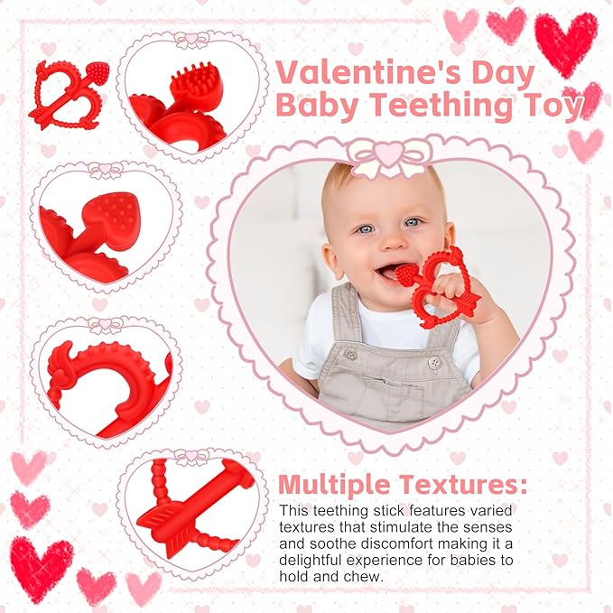 Valentines Heart Baby Teething Toys for Babies 0-36 Months, Easy for Little Hands to Hold,Cupid Bow and Arrow Soft Teether Toy, Surface texture for Teething Relief, Perfect Valentine's Gift for Babies