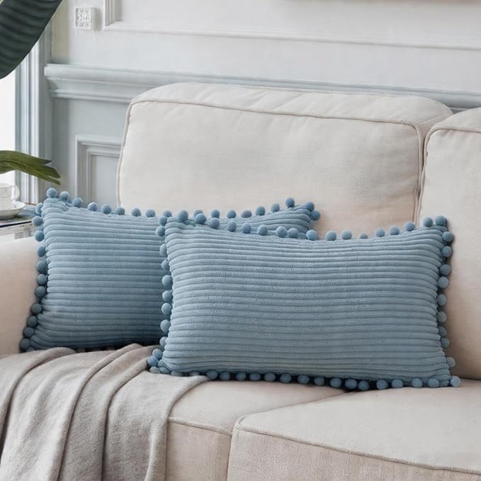 Fancy Homi Set of 2 Light Blue Lumbar Decorative Throw Pillow Covers 12x20 Inch with Pom-poms, Soft Corduroy Solid Rectangle Baby Blue Cushion Cases Set for Couch Sofa Bedroom Car Living Room 30x50 cm