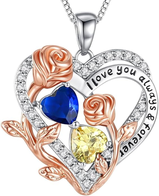 I Love You Birthstone Necklace, 925 Sterling Silver Heart Pendant with CZ Diamond Stones, Birthday Gifts for Women, Romantic Gift for Wife, Girlfriend, Her, Anniversary, Valentine's Day, Christmas