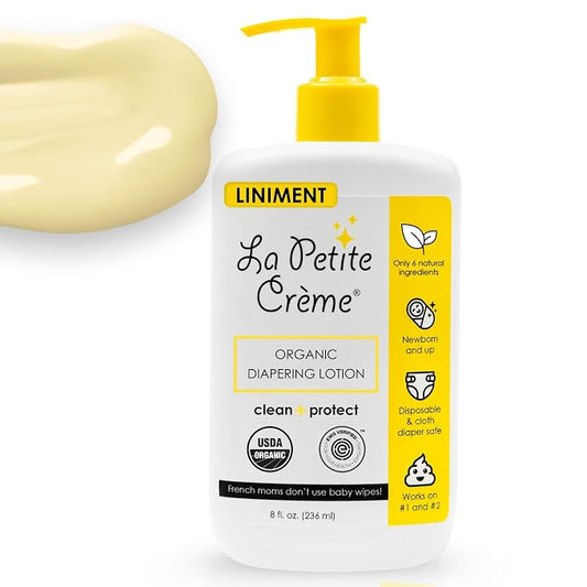 La Petite Creme French Premium Liniment Baby Lotion - Diaper Cream Alternative to Wet Wipes - Gentle Moisturizer & Skin Cleanser, USDA Certified Organic Ingredients - Newborn Essentials (8 oz)