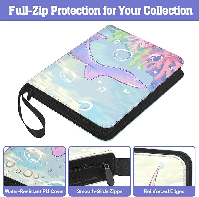 Trading Card Binder TCG, 900 Pockets, 50 9-Pocket Sheets, 3-Ring Refillable Album Fits Standard 2.5"×3.5" Cards, Zippered PU Cover, Acid-Free Top-Loading Pages, Wrist Strap - Axolotl Design