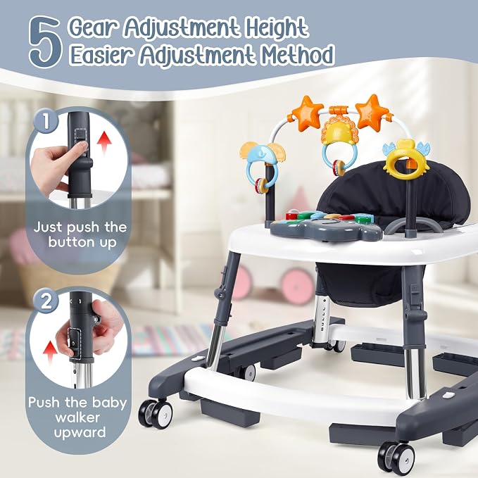 5-in-1 Music and Lights Foldable Baby Walker, Baby Walker with Wheels and Bouncer Combo Portable with 5 Adjustable Heights, Infant Toddler Walker for Baby Boy Girls 6-18 Months（Grey）