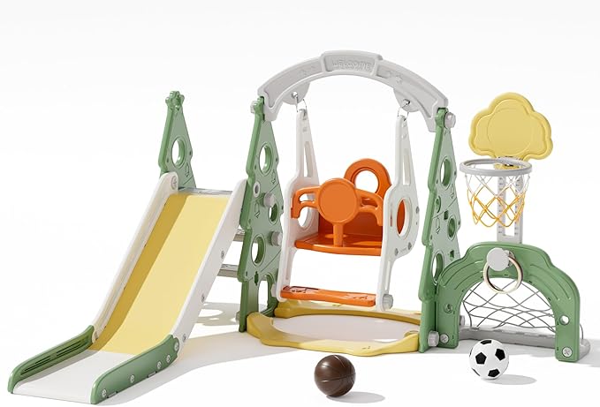 KORIMEFA 6-in-1 Kids Slide and Swing Set, Toddler Slide with Basketball Hoop, Swing, Outdoor Indoor Playground for Toddlers 1-3 Pine Shape Design(6 in1-Green)