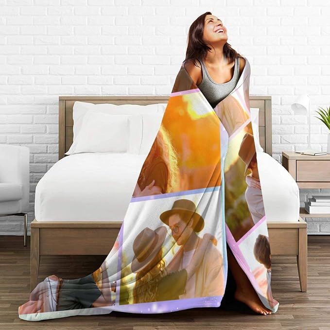 Custom Blanket with Picture Text, Personalized 5 Photo Blanket, HD Printing Customized Flannel Throw Blanket Gifts for Mom Dad Couple Girlfriend Boyfriend Wife Husband Christmas