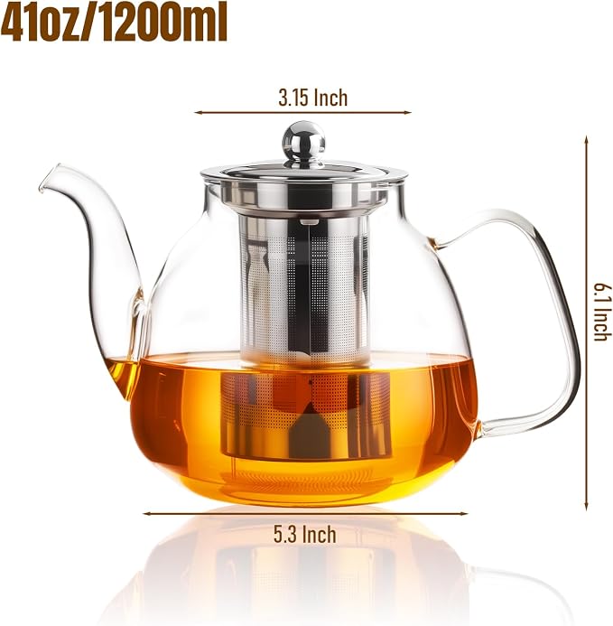 PARACITY Glass Teapot Stovetop 40 OZ/1200ml, Tea pot with Removable 18/8 Stainless Steel Infuser, Borosilicate Clear Tea Kettle, Teapot Blooming and Loose Leaf Tea Maker Tea Brewer for Camping
