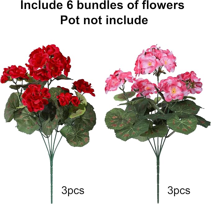 Artificial Geraniums Fake Flowers for Outdoors Decoration, 6 Bundles Silk Geraniums Flower UV Resistant Look Real Faux Plants for Front Door Garden Porch Planter Patio Balcony Yard Indoor Home, Mix