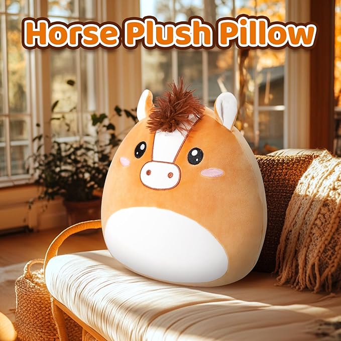 Athionsu 12 Inch Horse Plush Pillow Soft & Cuddly Stuffed Horse Soft Squishy Birthday for Toddler Kids Boys and Girls