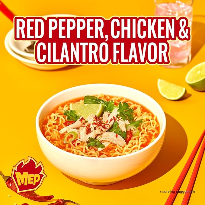MEP Chicken Cilantro Bone Broth Korean Spicy Ramen Noodle Soup, 4-Pack | ENHYPEN Pick; Chicken bone broth with cilantro, lime, and red pepper; Chewy qq-texture noodles; Stovetop easy-cook pack