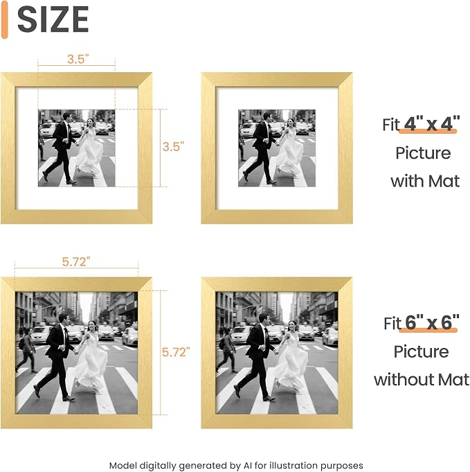upsimples 6x6 Picture Frame, Display Pictures 4x4 with Mat or 6 x 6 Without, Wall Hanging Square Frames, Gold, 1 Pack