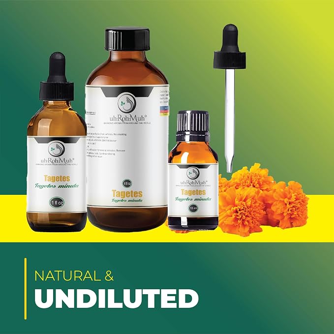 Tagetes Essential Oil – 100% Pure Steam Distilled from Tagetes minuta Flowers | Sweet, Citrusy Aromatherapy Oil for Relaxation & Massage | Top Note | Natural & Undiluted | India | 1 Fl Oz