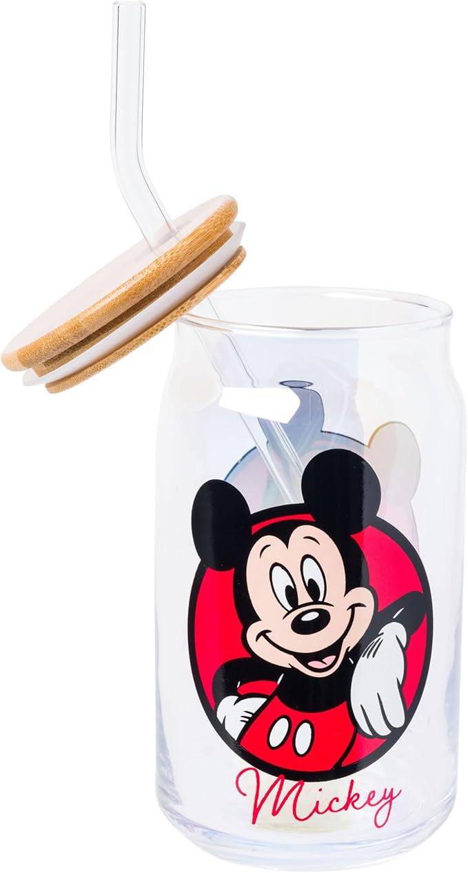 Silver Buffalo Disney Mickey and Friends Featuring Minnie 2 Pack Glass Jar Tumbler with Bamboo Lid and Glass Straw, 16 Ounces