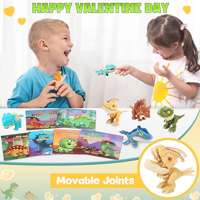 24 Pack Valentines Day Cards for Kids with Dinosaur Toys, Valentines Cards for Kids School Classroom Bulk Valentines Gifts Exchange, Valentines Day Dinosaur Toys for Kids Girls