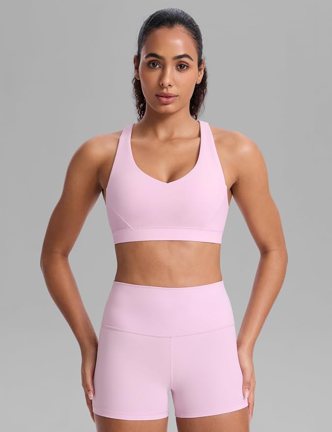 CRZ YOGA Butterbreeze Criss Cross Back Sports Bras for Women - V Neck Adjustable Straps Padded Workout Training Crop Top