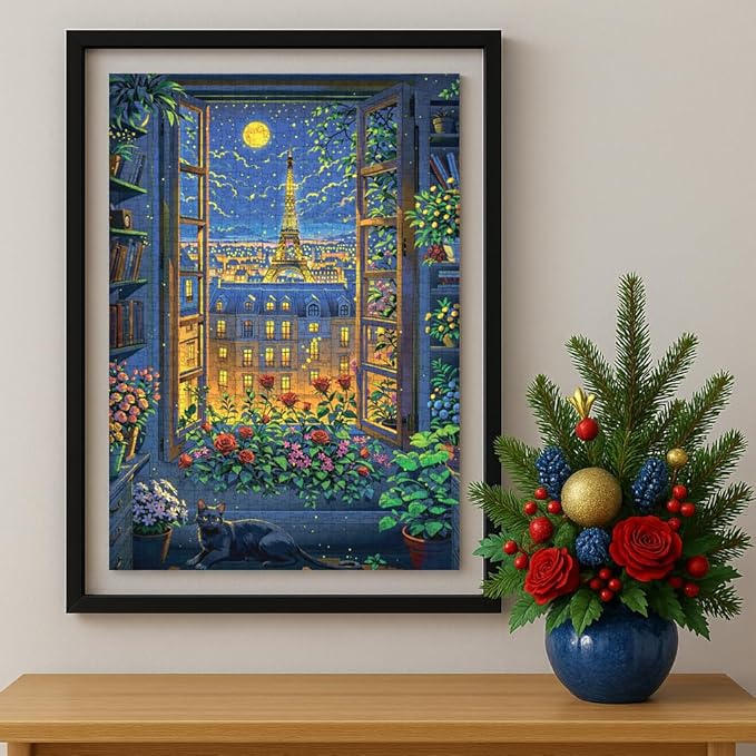 Cat in Paris. TUMBAUMBA, Puzzles for Adults 1000 Pieces, Relaxing Romantic Art Puzzle, Mate Finish Jigsaw Puzzles 1000 Pieces, Poster Included France Puzzles, Cozy Evening Paris Scene