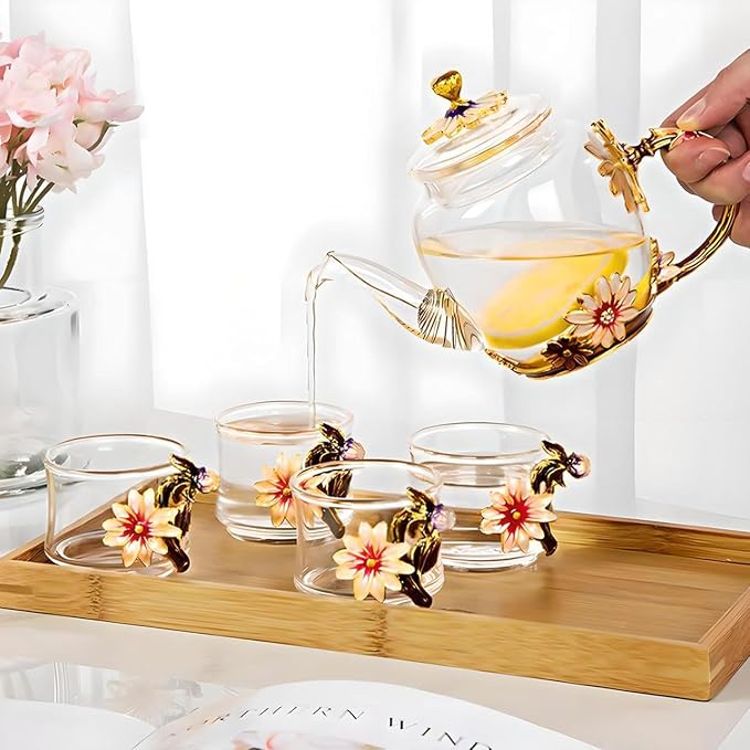 Glass Teapot -300 ml (10 oz), Flower Decoration Heat Resistant Glass Teapot Kettle with Golden Leaf Edge Color Floral Pattern Retro Teapot Tea Party Set (Pink)