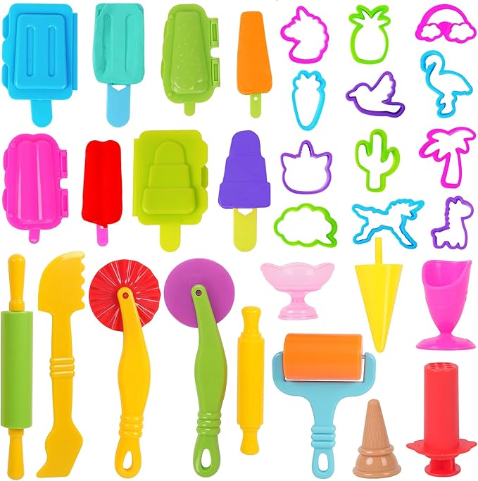Dough Tools Set for Kids – 31 PCS Summer-Themed Dough Play Tools with Animal Cutters, Ice Cream & Popsicle Molds, Dough Extruder – Clay and Dough Tools Kit (Random Colors)