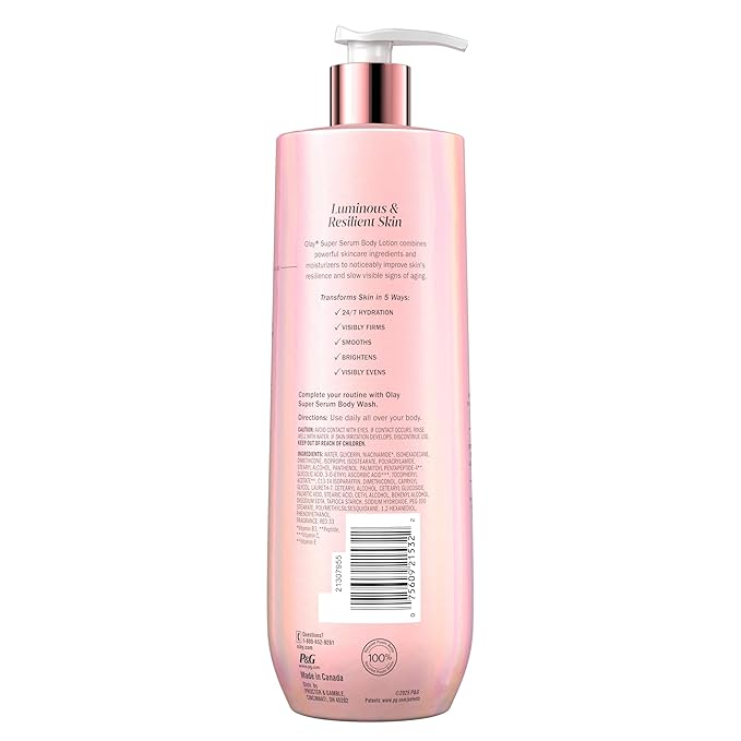 Olay Super Serum Hand & Body Lotion for Dry Skin, 24hr Long Lasting Hydration, 5+ Ingredient Complex for Bright Even Firm Luminous Skin, Sweet Vanilla & Soft Wood Scent, 18.5 fl oz