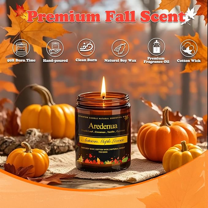 Autumn Leaves Candle – Fall Seasonal Leaf Aroma, Autumn Soy Candles for Winter Home Décor, Cozy Holiday & Christmas Candles Gift, Season Celebration Winter Gifts for Women