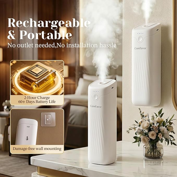 Ultrasonic Aroma Diffuser (M60) with 2x120ml Essential Oil, Portable Battery-Operated Cold Air Aroma Scent Machine, 4 Adjustable Intensity Levels, Quiet Diffuser for Home Bedroom Office Car