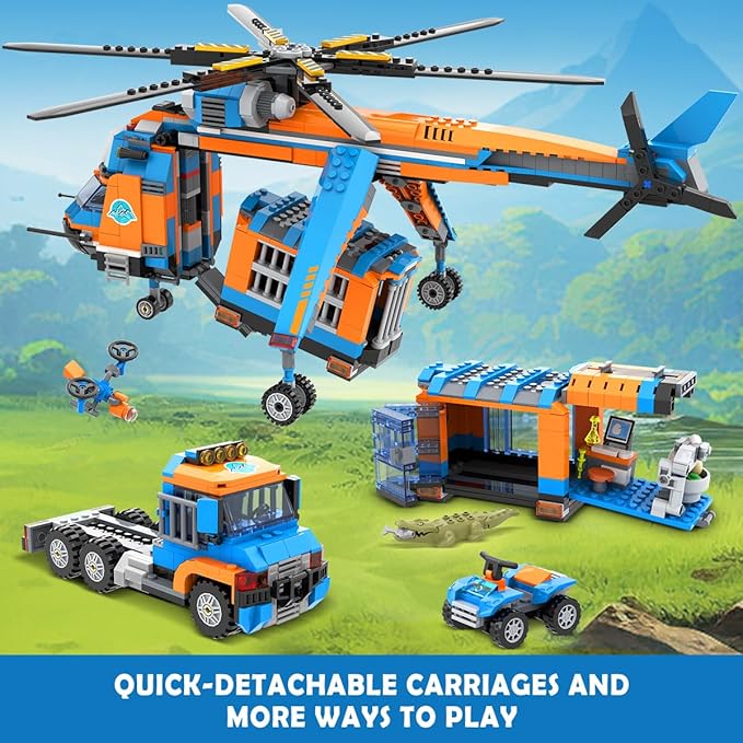 CUBIMANA City Jungle Adventurer Helicopter Building Toys - 1356PCS Forest Truck Adventure Building Set with Car Crocodile Brown Bear Wildlife Rescue Blocks Playset Easter Gift for Kids Boys 6+