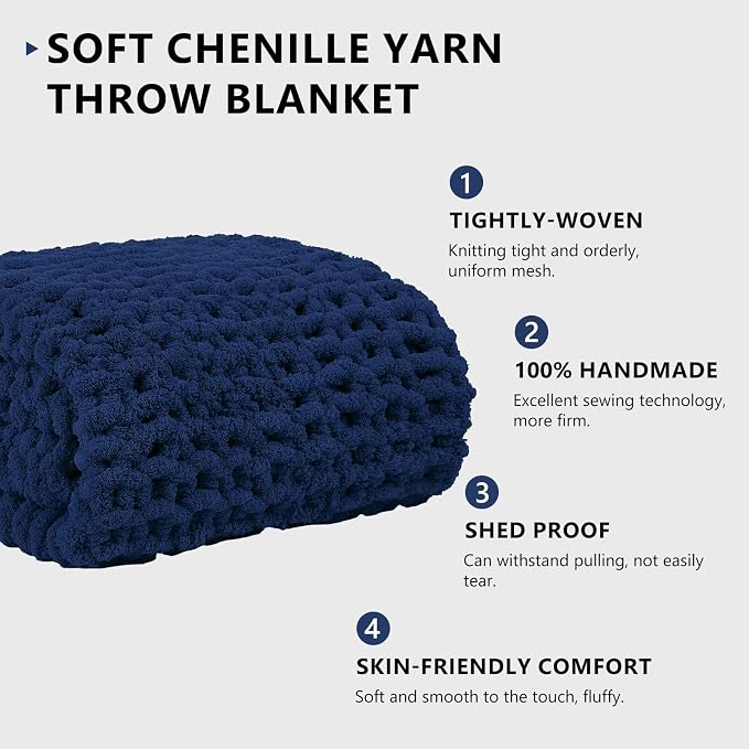 L'AGRATY Chunky Knit Throw Blanket for Couch, 72 x 84 Inches, Dark Blue | Handmade Chenille Crochet Blanket for Sofa Bed, Thick Cable Knitted Blankets for Room Home Decor, Birthday Gift for Women Mom